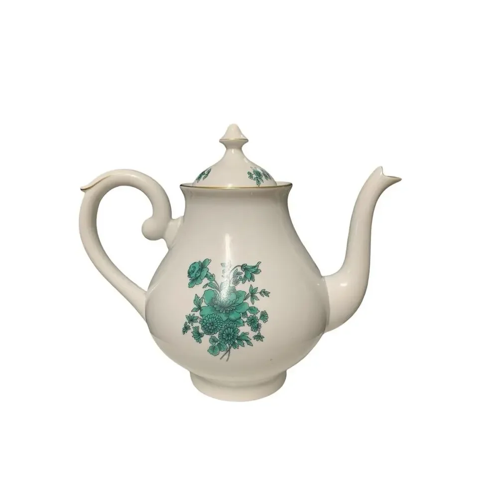 Mottahedeh Vista Alegre Porcelain 9 Inch Green Rose Floral Tea Pot Made In Portu